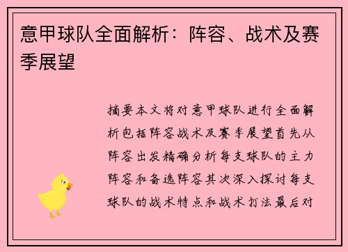意甲球队全面解析：阵容、战术及赛季展望